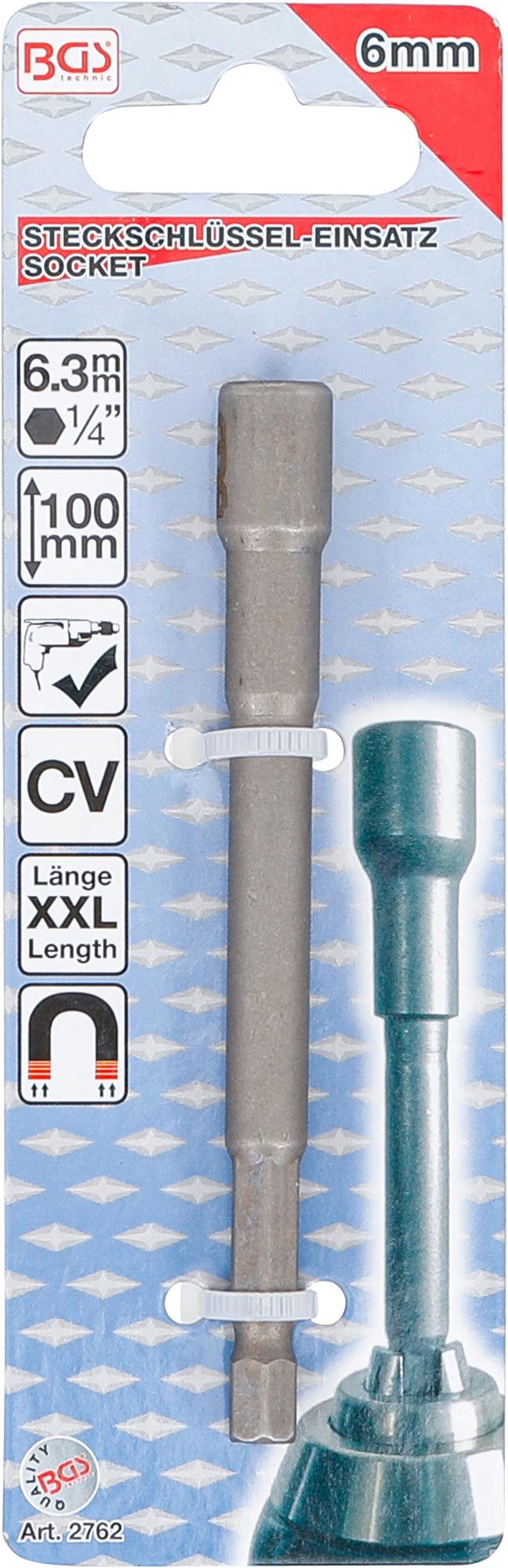 SOCKET, HEXAGON | EXTRA LONG | FOR ELECTRIC DRILLS | 6.3 MM (1/4") DRIVE | 6 MM (2762)