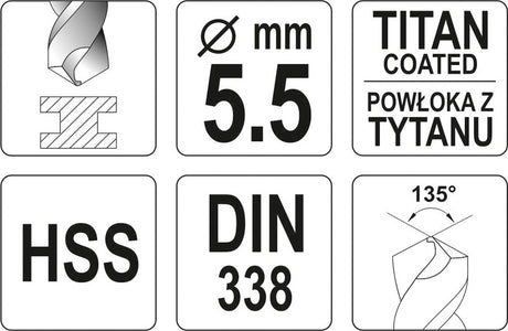 TWIST DRILL BIT HSS-TIN 5,5 MM (YT-44653)