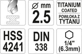 METAL DRILL WITH HEX SHANK 2,5MM TITAN (YT-44752)