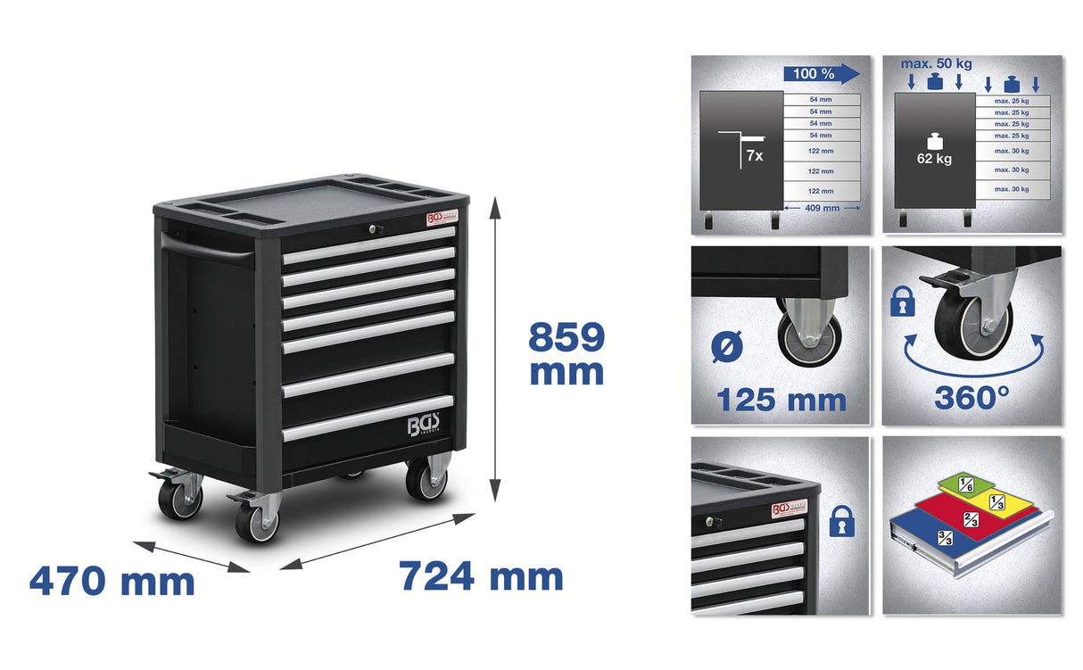 WORKSHOP TROLLEY | 7 DRAWERS | EXTRA LOW TOTAL HEIGHT | WITH 209 TOOLS (4140)