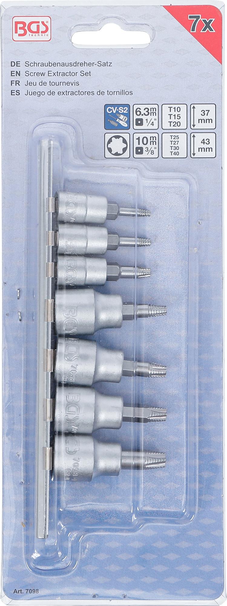 SCREW EXTRACTOR BIT SOCKET SET | 6.3 MM (1/4") / 10 MM (3/8") DRIVE | FOR DAMAGED T-STAR (FOR TORX) T10 - T40 | 7 PCS. (7098)
