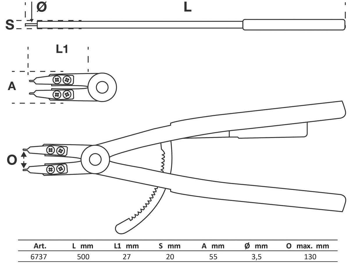 CIRCLIP PLIERS | STRAIGHT | FOR INSIDE CIRCLIPS | 500 MM (6737)