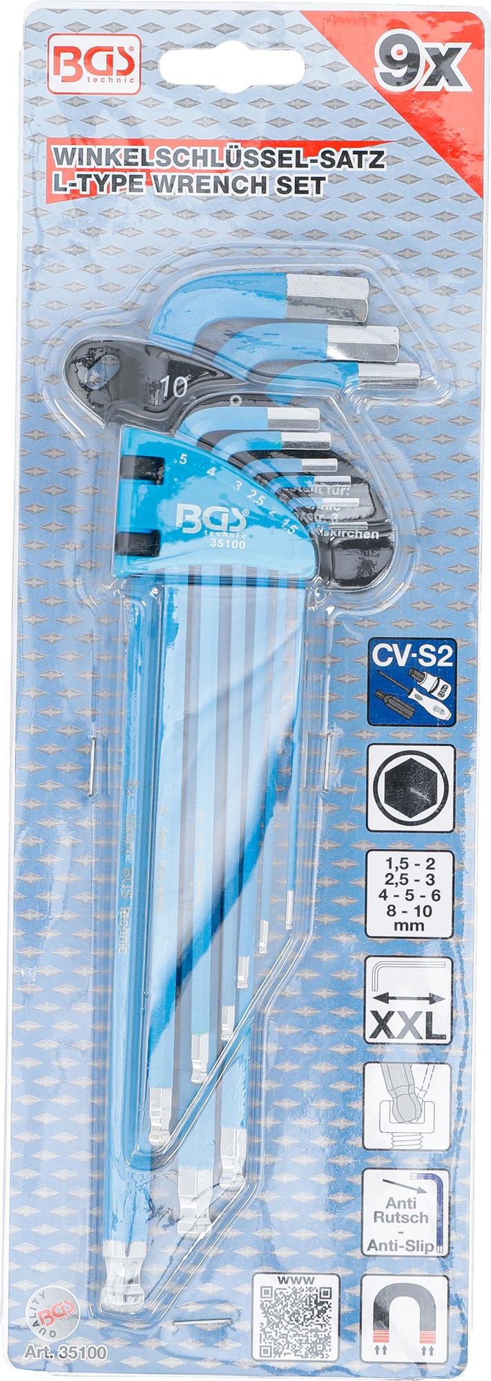 L-TYPE WRENCH SET | EXTRA LONG | INTERNAL HEXAGON / INTERNAL HEXAGON WITH BALL HEAD 1.5 - 10 MM | 9 PCS. (35100)