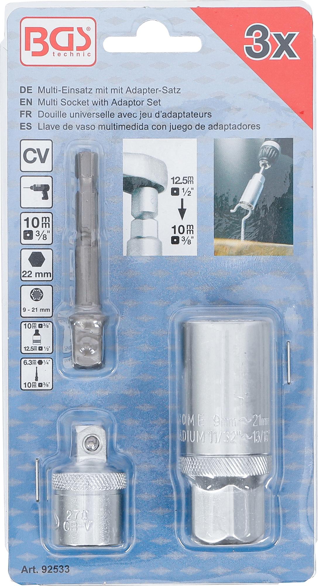 MULTI SOCKET WITH ADAPTOR SET | 10 MM (3/8") DRIVE | 9 - 21 MM | 3 PCS. (92533)