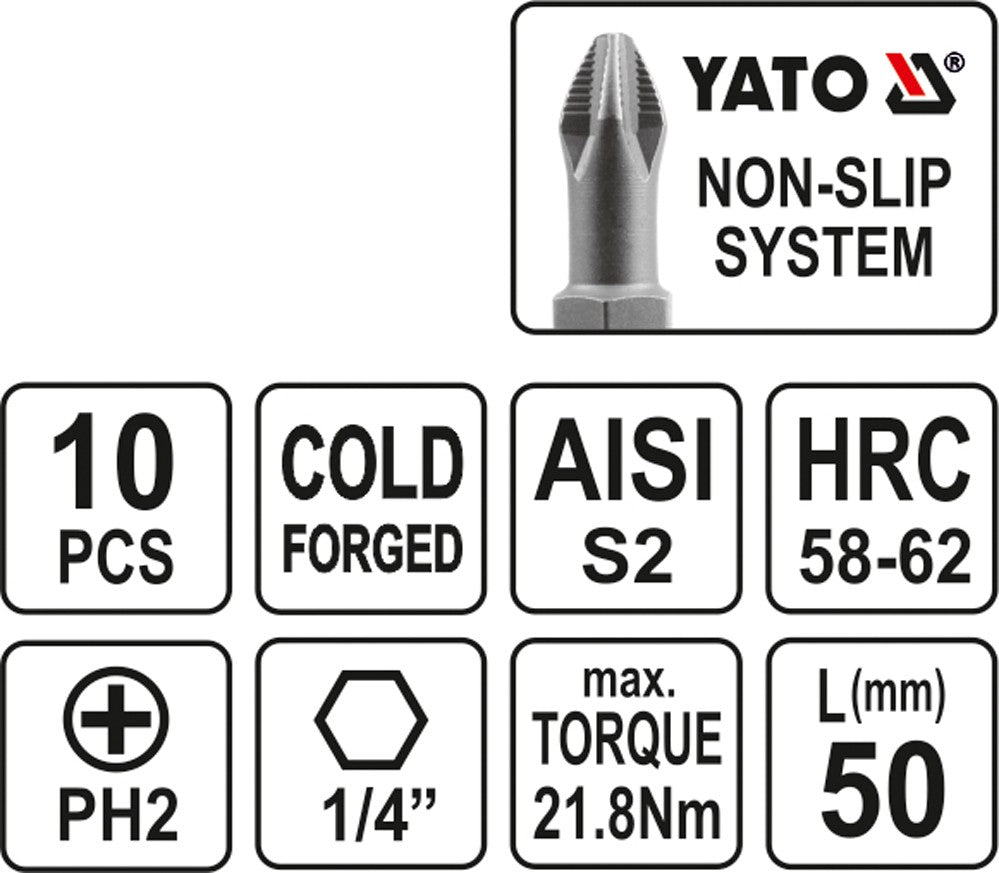 SCREWDRIVER BITS 10PCS  PH2X50MM S2 (YT-0478)