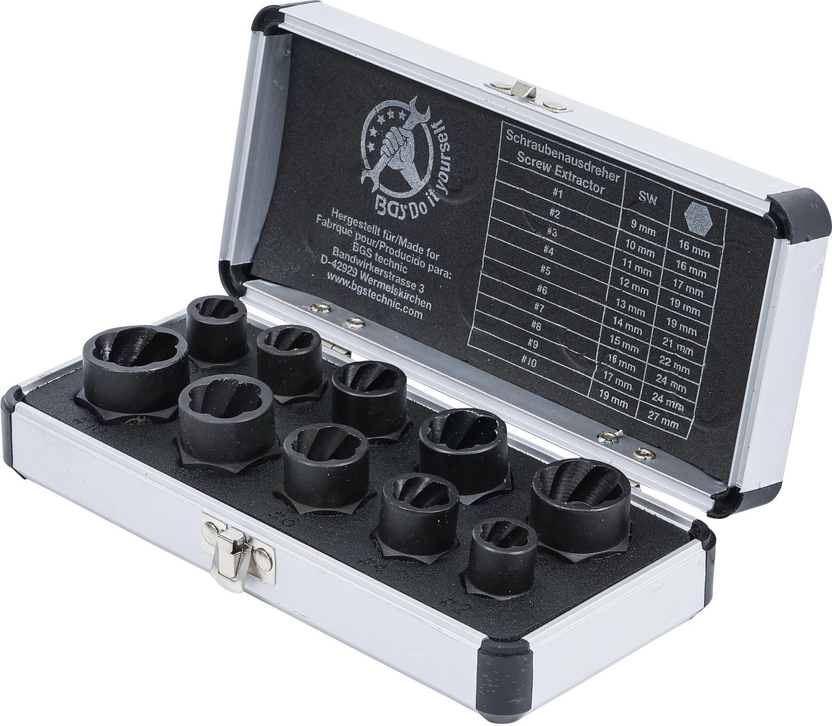 TWIST SOCKET SET (SPIRAL PROFILE) / SCREW EXTRACTOR | 10 MM (3/8") DRIVE | TWIST TYPE 9-19 MM | 10 PCS. (20210)