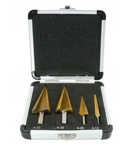 STEP DRILL BITS FOR HOLE ENLARGEMENT | ALUMINUM BOX | 4-12, 4-20, 4-30, 4-32 MM | 4 PCS. (EB-4346A)