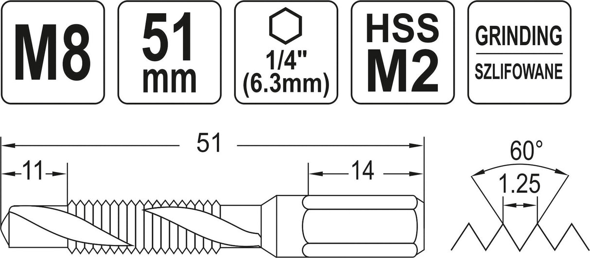 COMBINED DRILL TAP M8 HEX (YT-44845)