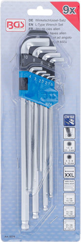 L-TYPE WRENCH SET | EXTRA LONG + EXTRA SHORT ENDS | INTERNAL HEXAGON / INTERNAL HEXAGON WITH BALL HEAD 1.5 - 10 MM | 9 PCS. (9374)
