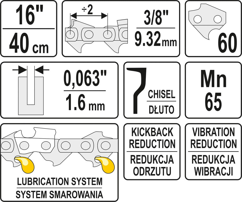 CHAIN FOR CHAINSAW 16" 3/8" 0.063" 60 TEETH (YT-84955)