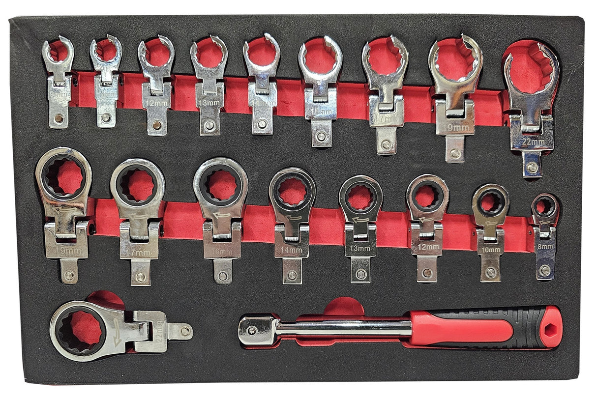 SET OF INSERTED WRENCHES | RATCHETING RING / OPEN FOR BRAKE HOSES | 8 - 22 MM | 19 PCS. (RWF19S)