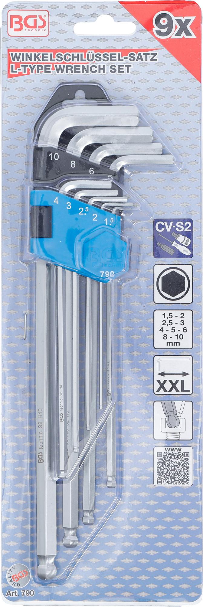L-TYPE WRENCH SET | EXTRA LONG | INTERNAL HEXAGON / INTERNAL HEXAGON WITH BALL HEAD 1.5 - 10 MM | 9 PCS. (790)