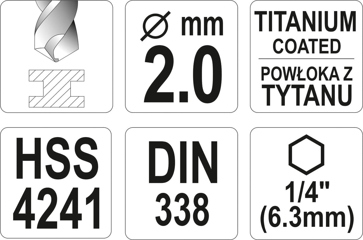 METAL DRILL WITH HEX SHANK 2,0MM TITAN (YT-44751)