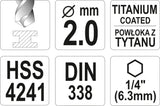 METAL DRILL WITH HEX SHANK 2,0MM TITAN (YT-44751)