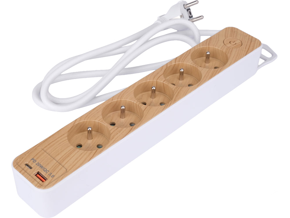 POWER CORD/EXTENSION CORD WITH GROUNDING (WOOD IMITATION) | 5 SOCKETS + USB | 1.0 MM2 | 1.4 M (72344)