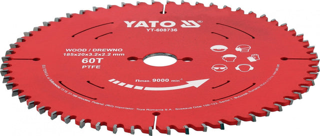 TCT CUTTING DISC FOR WOOD | 185 MM | 60 TEETH | 20 MM | WITH PTFE COATING (YT-608736)