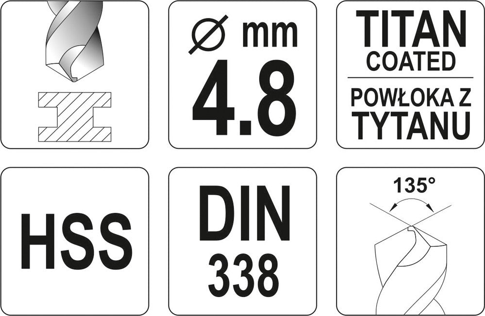 TWIST DRILL BIT HSS-TIN 4,8 MM (YT-44645)