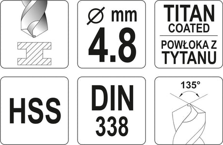 TWIST DRILL BIT HSS-TIN 4,8 MM (YT-44645)