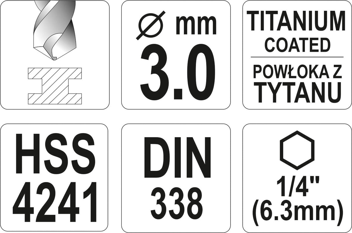METAL DRILL WITH HEX SHANK 3,0MM TITAN (YT-44754)