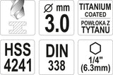 METAL DRILL WITH HEX SHANK 3,0MM TITAN (YT-44754)
