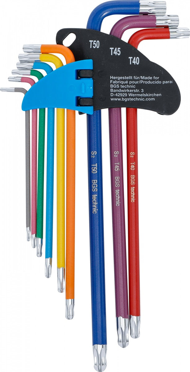 L-TYPE WRENCH SET | MULTICOLOUR | EXTRA LONG | T-STAR (FOR TORX) WITH BALL HEAD T10 - T50 | 9 PCS. (74468B)