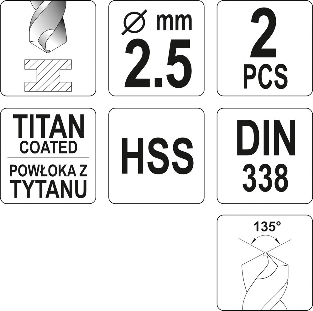TWIST DRILL BIT HSS-TIN 2,5 MM - 2 PCS (YT-44633)