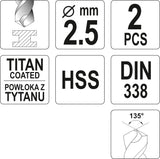 TWIST DRILL BIT HSS-TIN 2,5 MM - 2 PCS (YT-44633)