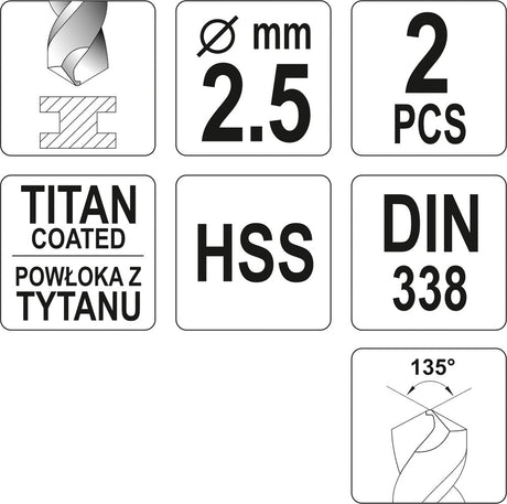 Metalliporanterä HSS-TIN 2,5 mm, 2 kpl (YT-44633)