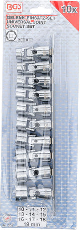 UNIVERSAL JOINT SOCKET SET, HEXAGON | 10 MM (3/8") DRIVE | 10 - 19 MM | 10 PCS. (205)