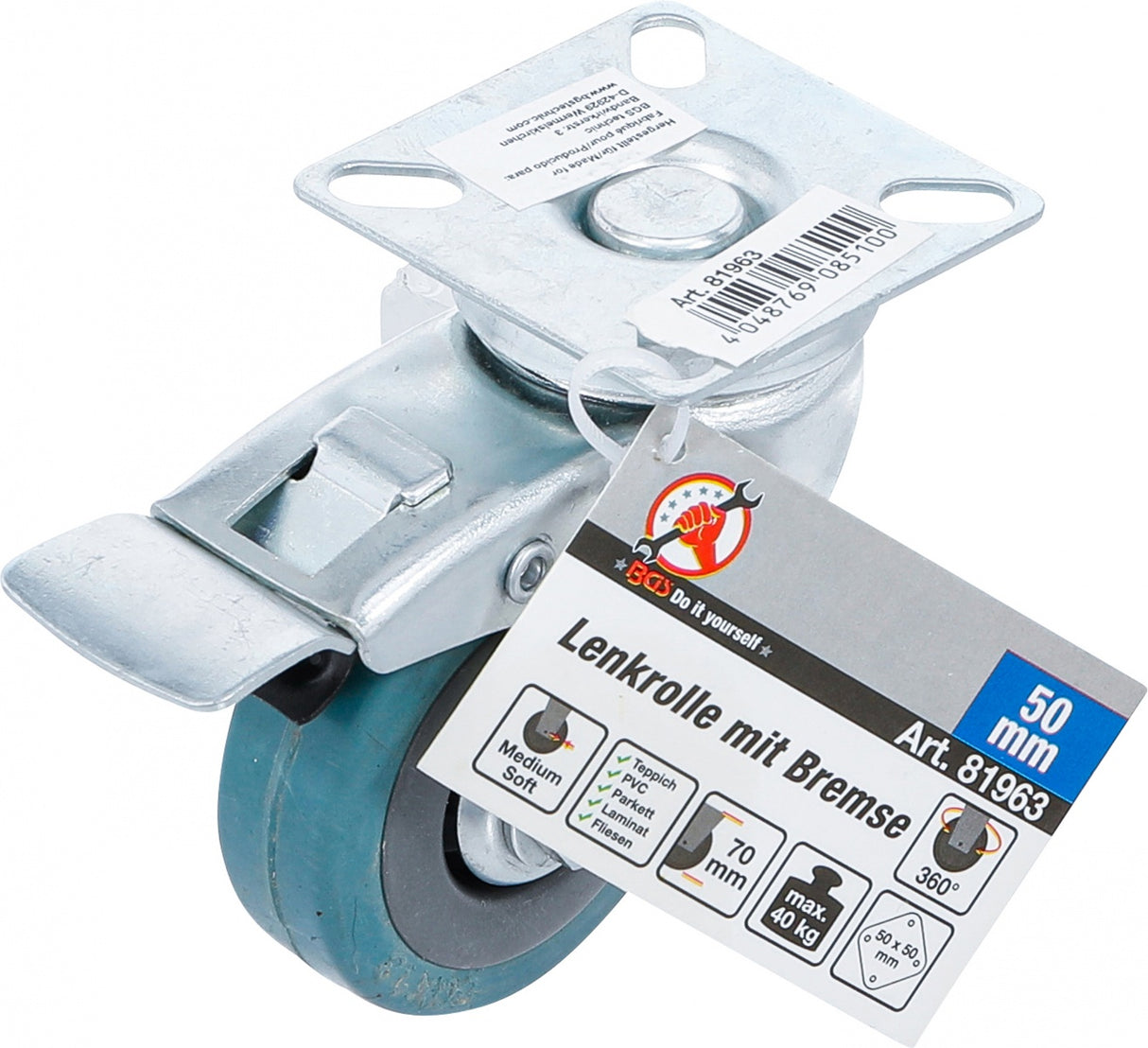 SWIVEL CASTOR WITH BRAKE | RUBBER | WITH ASSEMBLY PLATE | Ø 50 MM (81963)