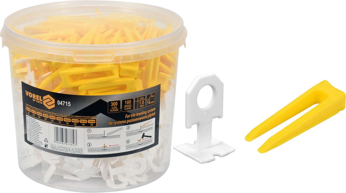 TILE LEVELING SYSTEM | 1 MM / 100 WEDGES AND 300 CLIPS SET IN A BUCKET (04715)