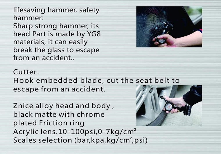 EMERGENCY HAMMER WITH SEAT BELT CUTTER FUNCTION AND PRESSURE GAUGE (DTG03)