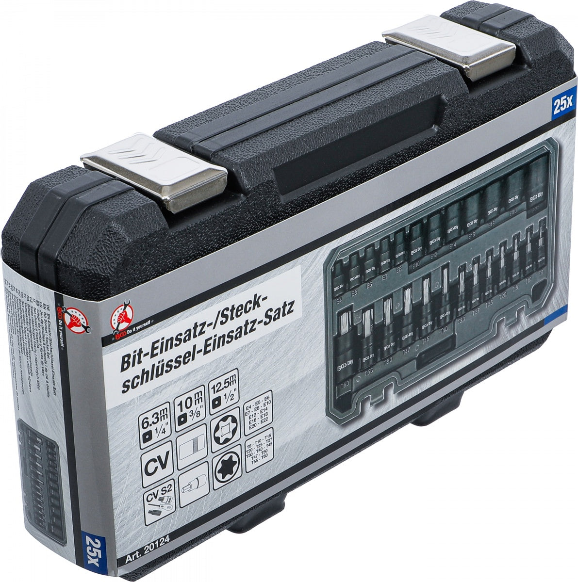 SOCKET AND BIT SET | 6.3 MM (1/4"), 10 MM (3/8"), 12.5 MM (1/2") DRIVE | E-STAR / T-STAR (FOR TORX) | 25 PCS (20124)