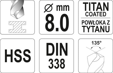 TWIST DRILL BIT HSS-TIN 8 MM (YT-44658)