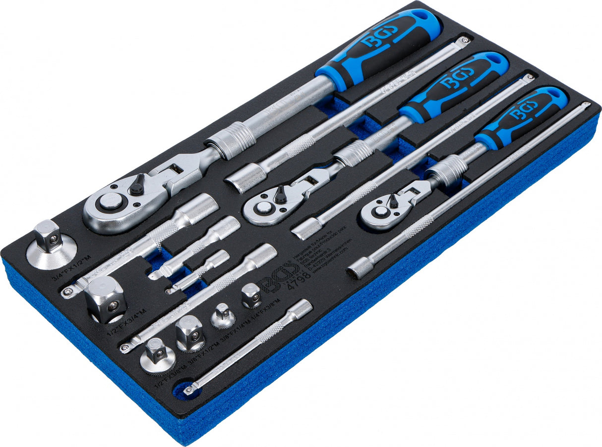 TOOL TRAY 1/3: RATCHET/EXTENSION AND ACCESSORY SET | 6.3 MM (1/4") / 10 MM (3/8") / 12.5 MM (1/2") | 17 PCS. (4798)