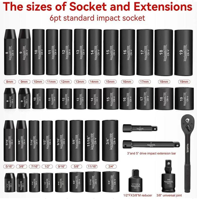 IMPACT TOOL SET | METRIC AND IMPERIAL SIZES | 10 MM (3/8") | 45 PCS. (SK45S)