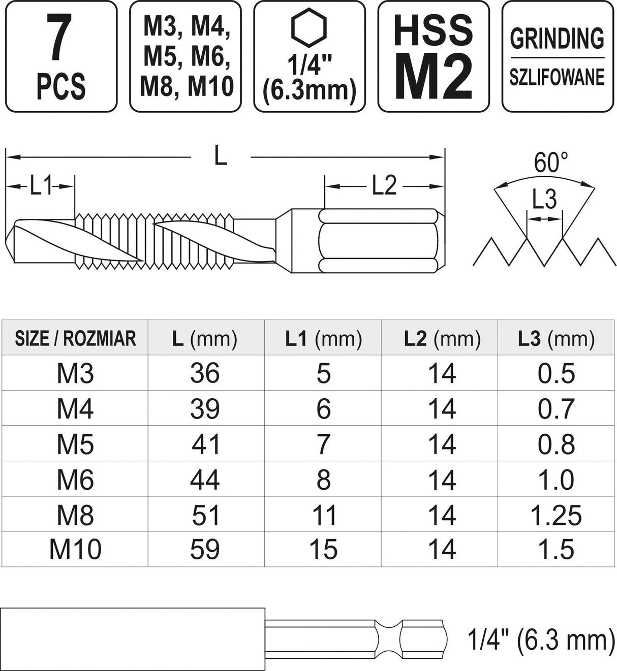 COMBINED DRILL TAPS M3-M10 7PCS SET HEX (YT-44849)