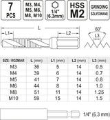 COMBINED DRILL TAPS M3-M10 7PCS SET HEX (YT-44849)