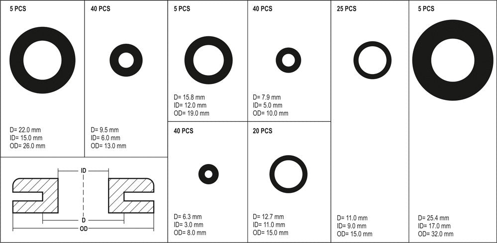 RUBBER RING GROMMETS 180PCS SET, MIX (YT-06878)