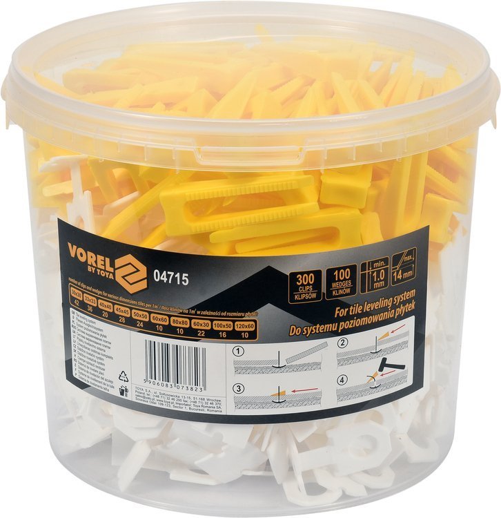 TILE LEVELING SYSTEM | 1 MM / 100 WEDGES AND 300 CLIPS SET IN A BUCKET (04715)