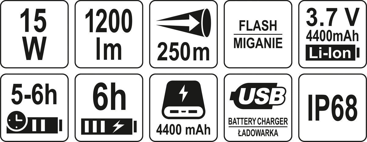 SPOTLIGHT 15W 1200LM IP68 RECHARGEABLE (YT-08551)