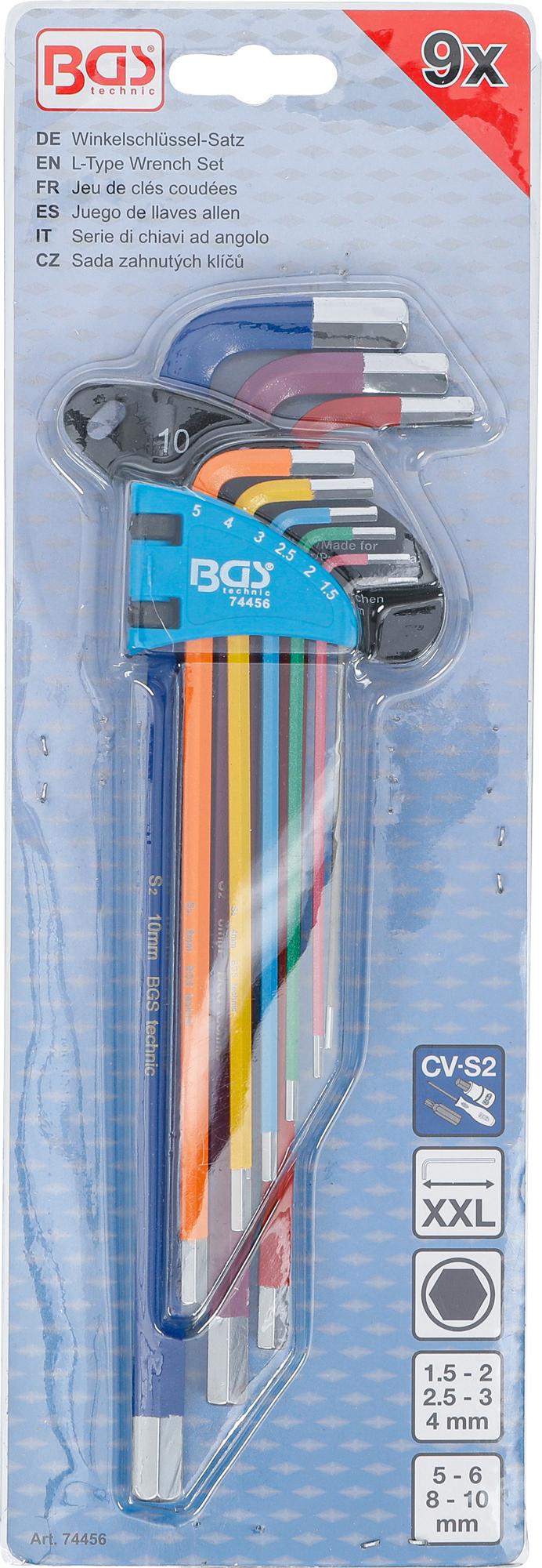 L-TYPE WRENCH SET | MULTICOLOUR | EXTRA LONG | INTERNAL HEXAGON 1.5 - 10 MM | 9 PCS. (74456B)