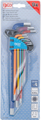 L-TYPE WRENCH SET | MULTICOLOUR | EXTRA LONG | INTERNAL HEXAGON 1.5 - 10 MM | 9 PCS. (74456B)