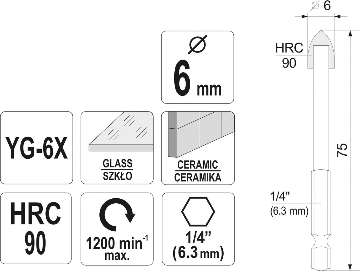 GLASS AND TILE DRILL WITH HEX SHANK 6MM (21703)