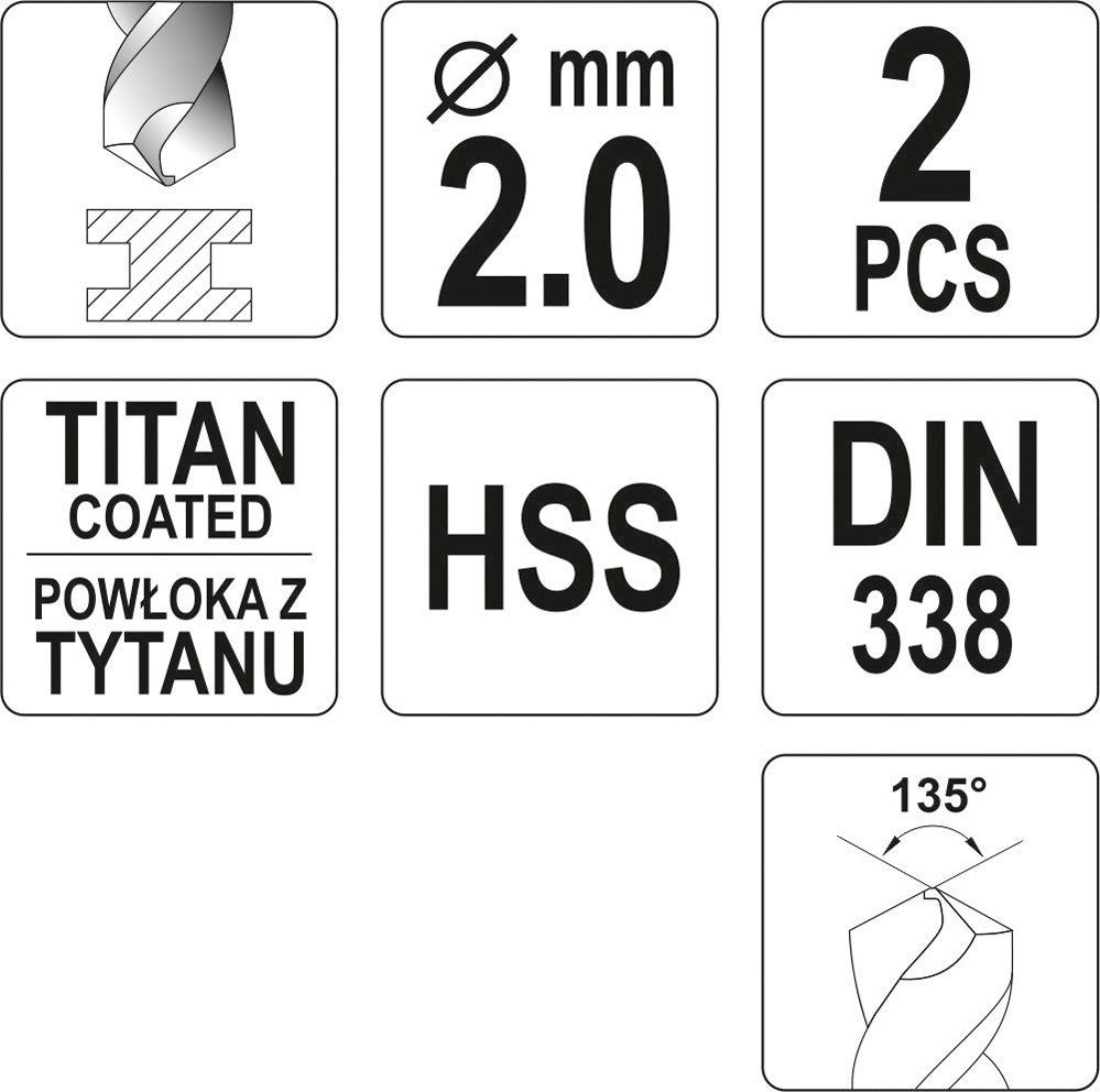 TWIST DRILL BIT HSS-TIN 2 MM - 2 PCS (YT-44632)