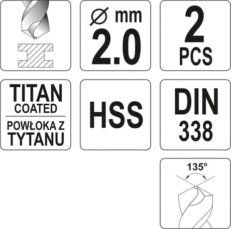 Poranterä metalille HSS-TIN 2,0 mm, 2 kpl (YT-44632)