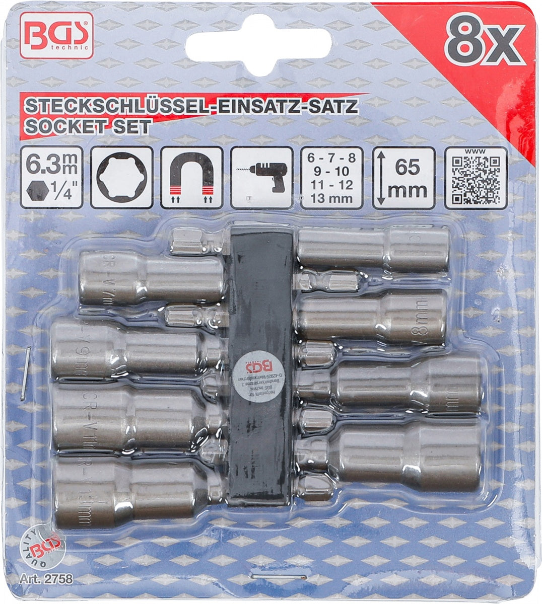 SOCKET SET, HEXAGON | 6.3 MM (1/4") DRIVE | 6 - 13 MM | 8 PCS. (2758)