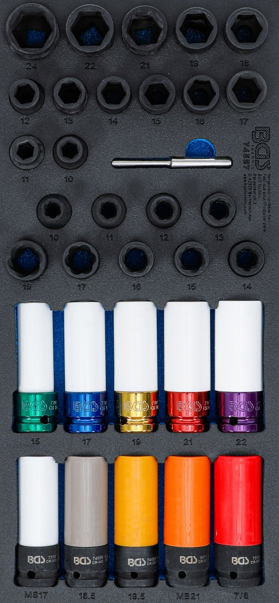 TOOL CASE 3/3: SET OF IMPACT SOCKETS / IMPACT-RESISTANT SOCKETS WITH PROTECTION AND SCREW BITS | 12.5 MM (1/2") | 33 PCS. (74557)