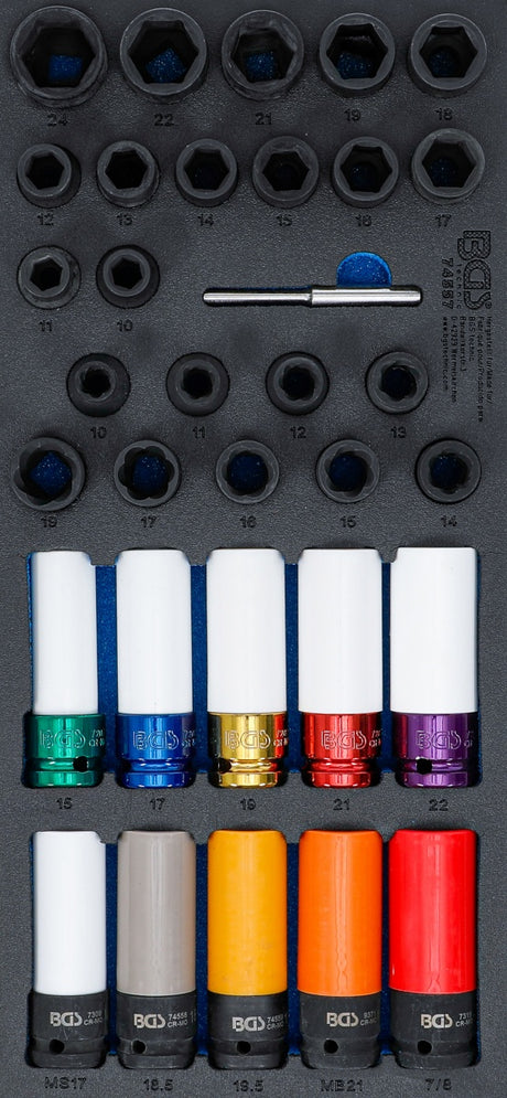 TOOL CASE 3/3: SET OF IMPACT SOCKETS / IMPACT-RESISTANT SOCKETS WITH PROTECTION AND SCREW BITS | 12.5 MM (1/2") | 33 PCS. (74557)