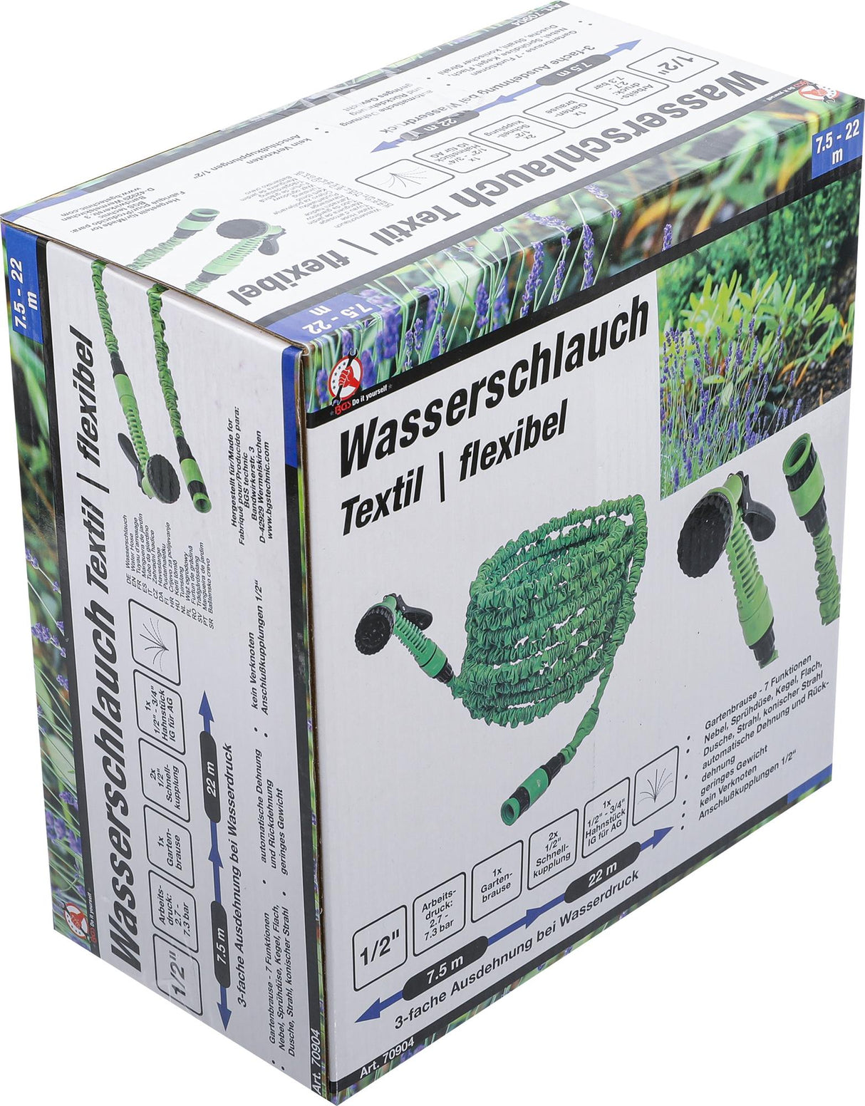 WATER HOSE | TEXTILE | FLEXIBLE | WITH GARDEN HAND SHOWER WITH 7 FUNCTIONS | 7,5 - 22 M (70904)